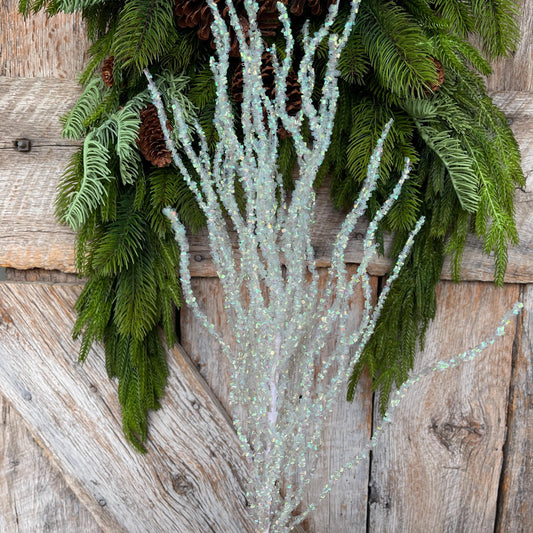 33" White Iridescent Twig Spray, Christmas Tree Topper Spray