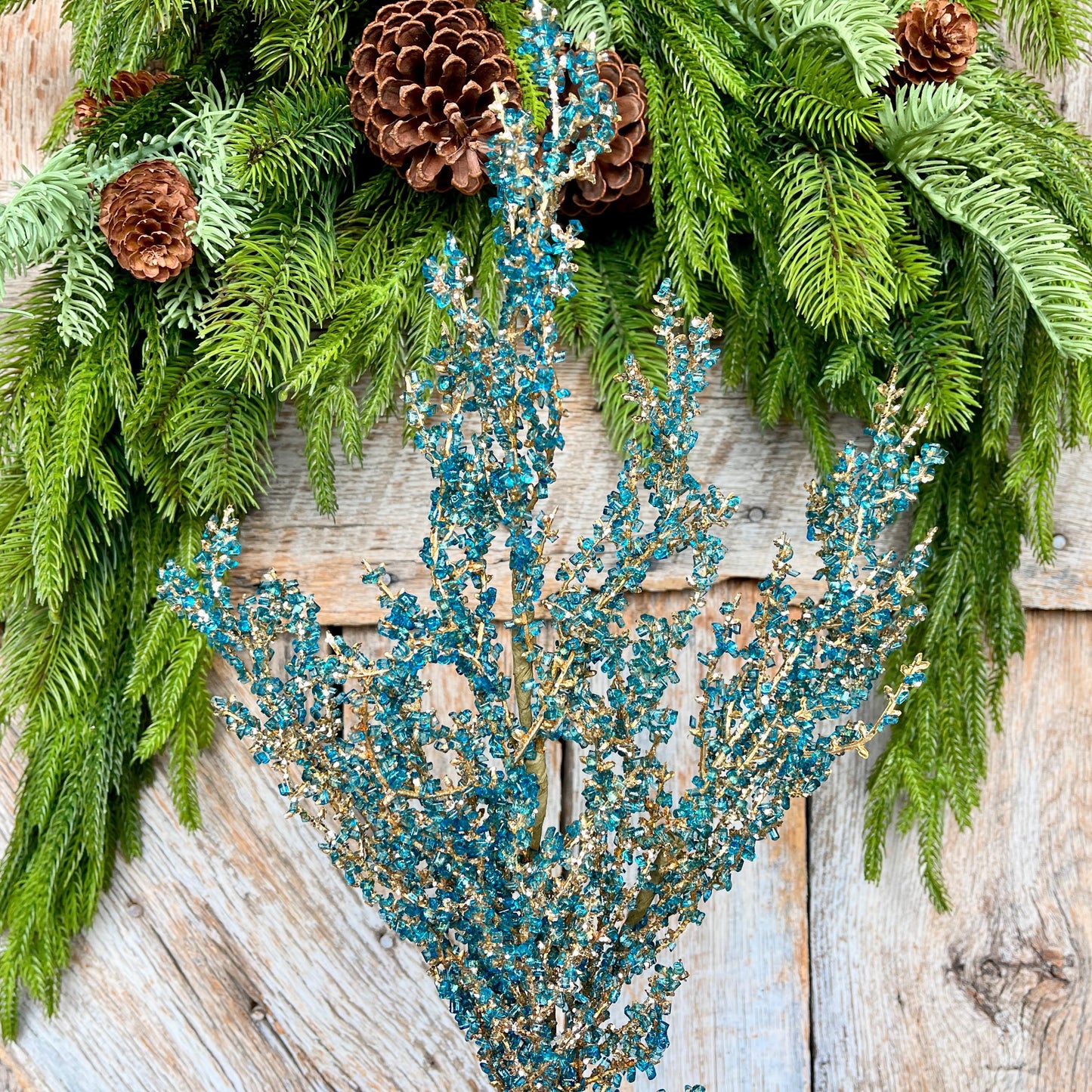 Blue Iced Twig Spray, Christmas Spray for Tree, Blue Jeweled Twig Floral Spray