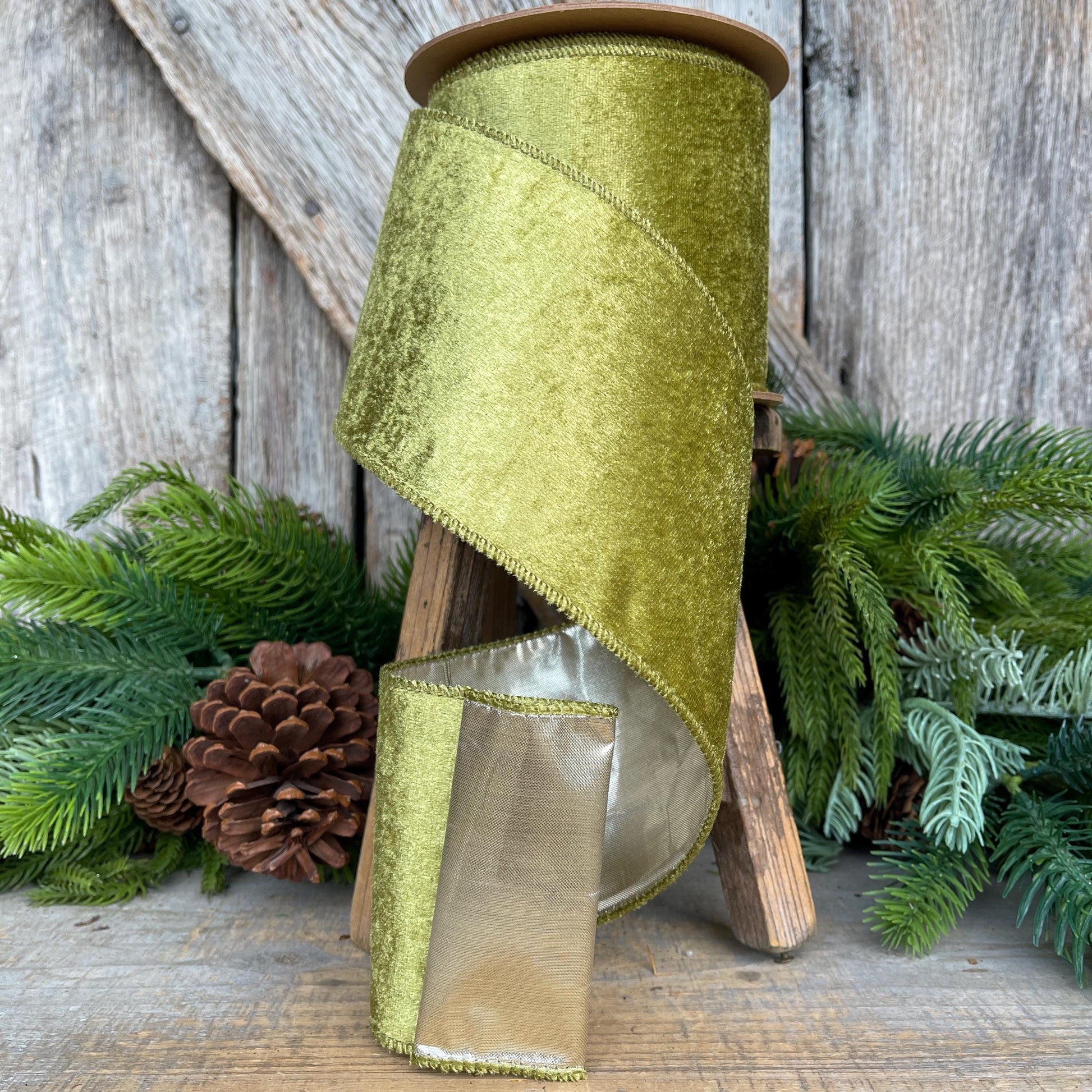 4" Moss Green Velvet, Designer Ribbon, Christmas Ribbon, Velvet Ribbon, Wreath Supply, Craft Supply, Olive Green Wired Ribbon