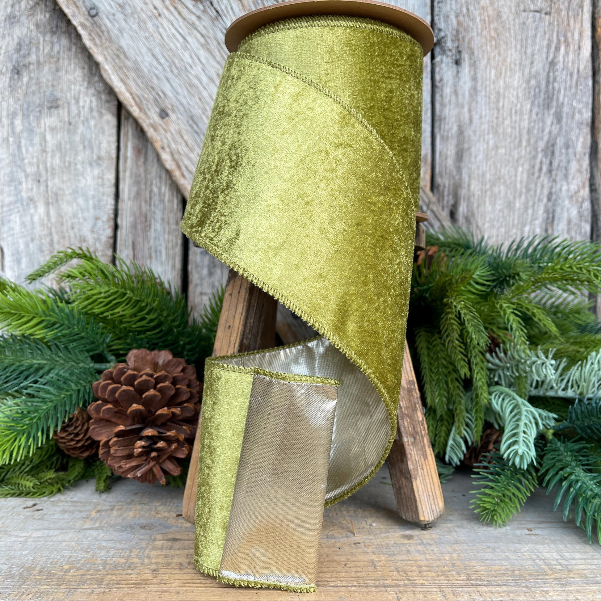 4" Moss Green Velvet, Designer Ribbon, Christmas Ribbon, Velvet Ribbon, Wreath Supply, Craft Supply, Olive Green Wired Ribbon