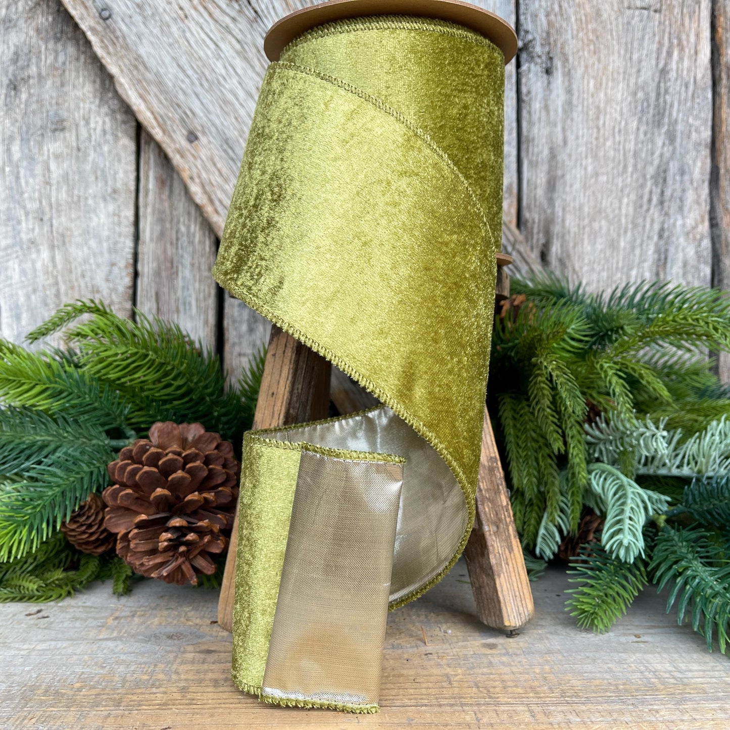 4" Moss Green Velvet, Designer Ribbon, Christmas Ribbon, Velvet Ribbon, Wreath Supply, Craft Supply, Olive Green Wired Ribbon