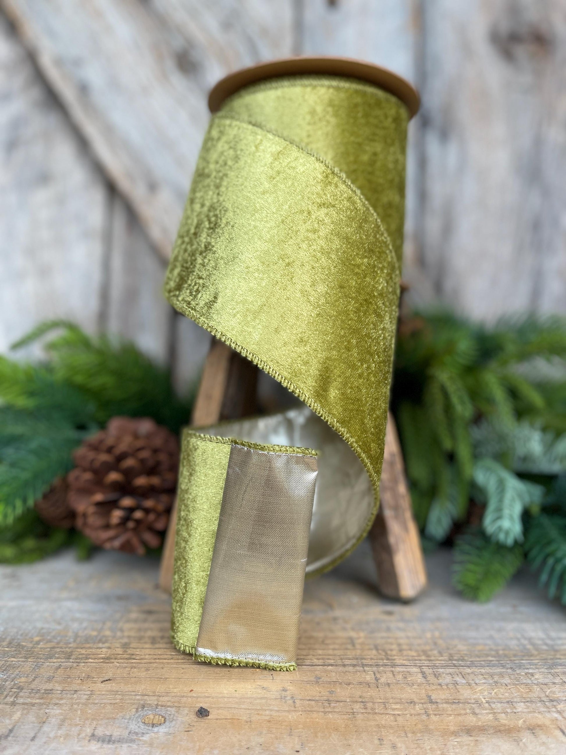 4" Moss Green Velvet, Designer Ribbon, Christmas Ribbon, Velvet Ribbon, Wreath Supply, Craft Supply, Olive Green Wired Ribbon