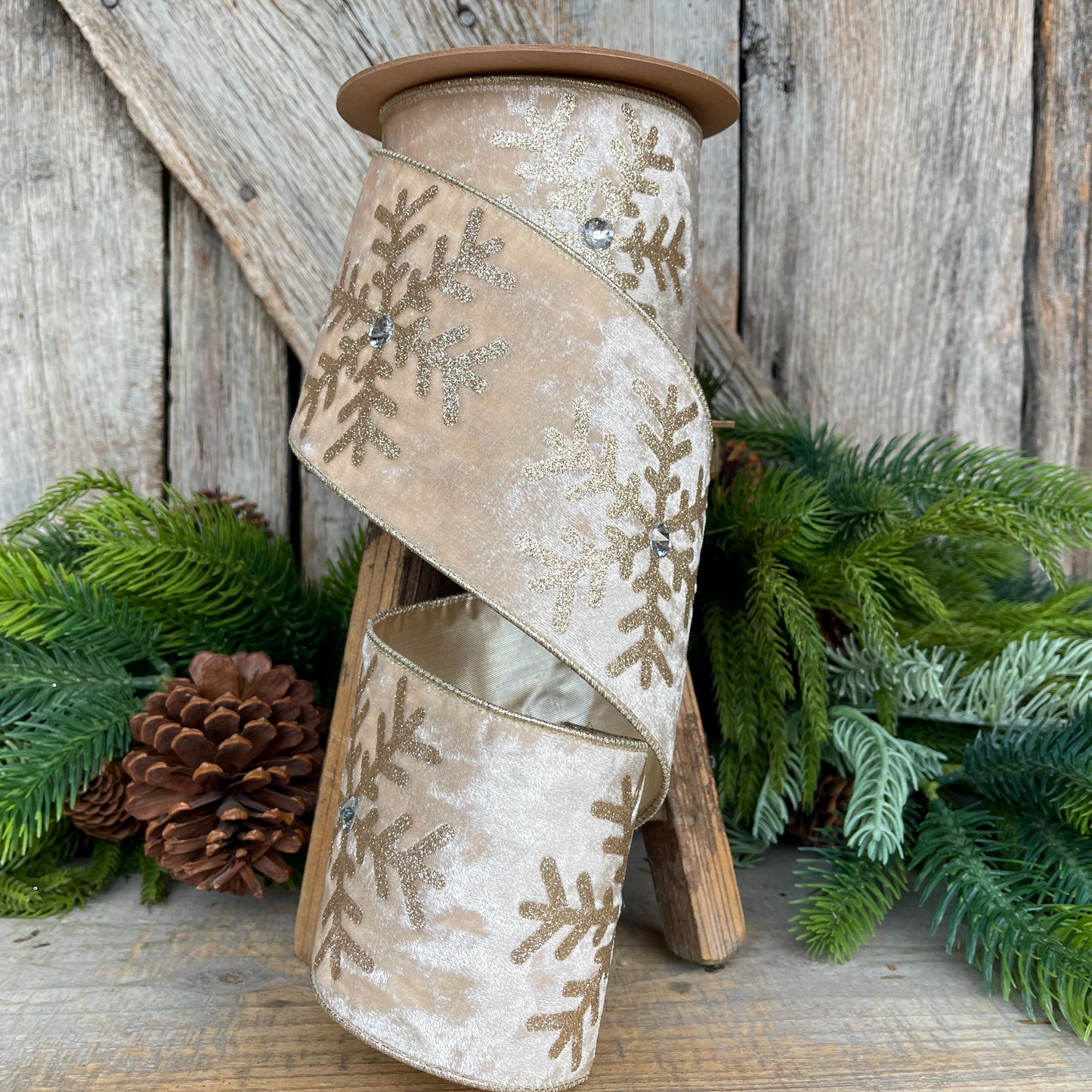Ivory Velvet Snowflake Ribbon, Ivory Gold Ribbon, Christmas Ribbon, 4" x 10yds