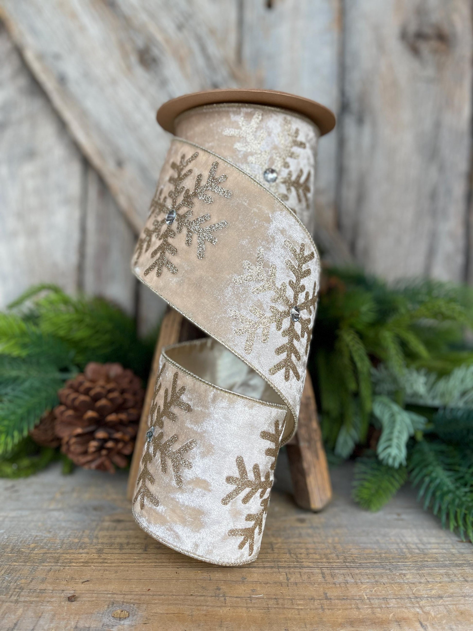 Ivory Velvet Snowflake Ribbon, Ivory Gold Ribbon, Christmas Ribbon, 4" x 10yds