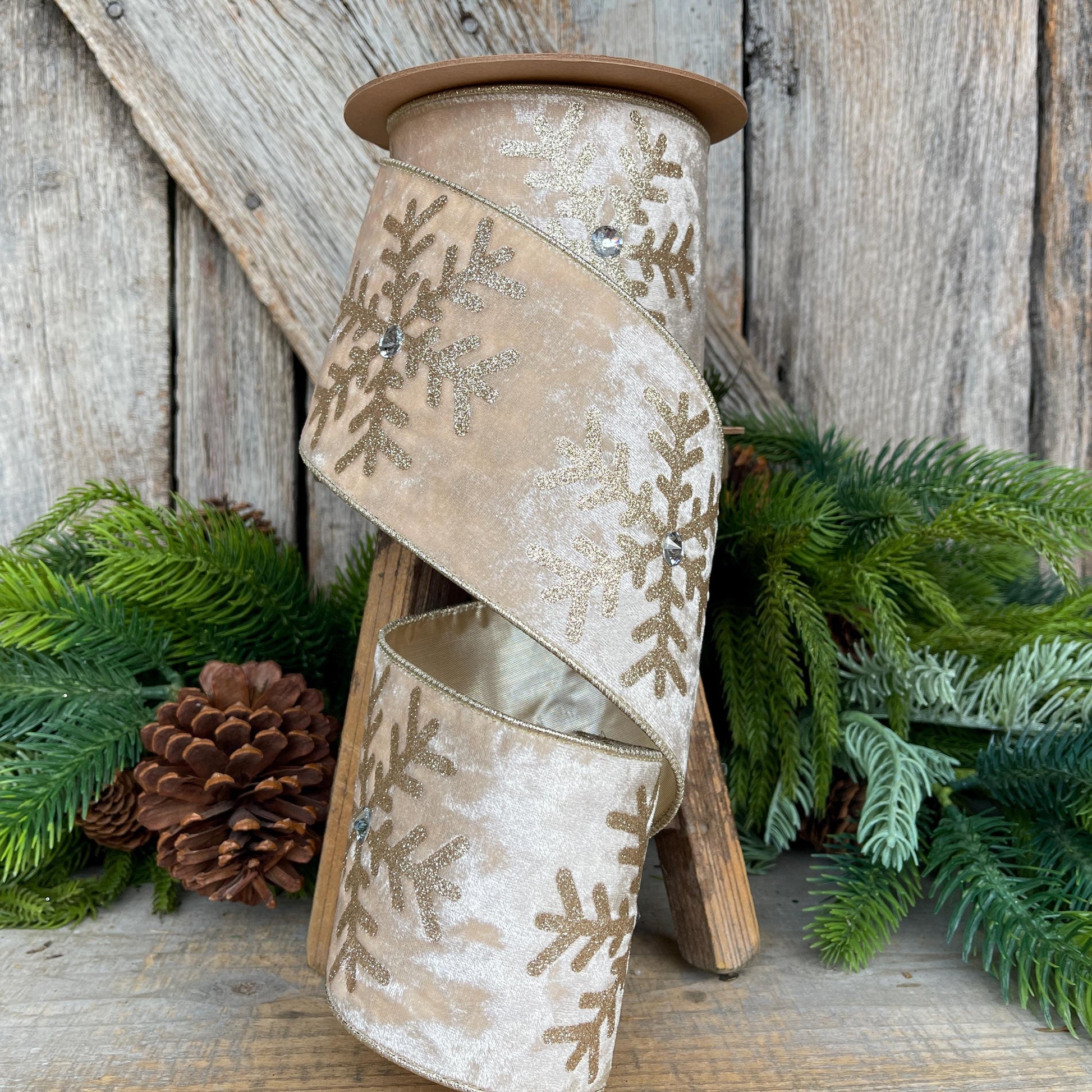 Ivory Velvet Snowflake Ribbon, Ivory Gold Ribbon, Christmas Ribbon, 4" x 10yds