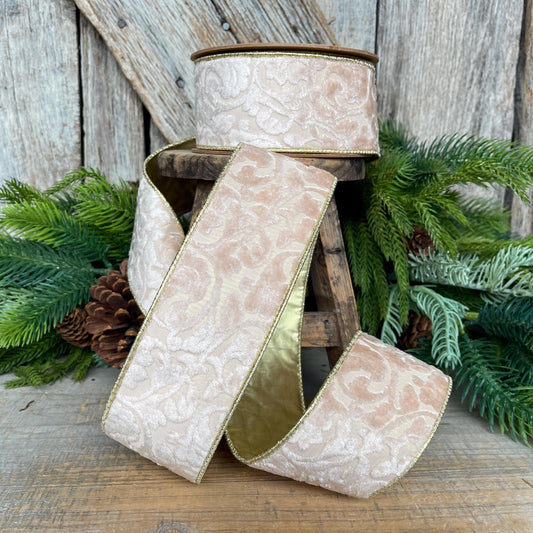 2.5" Ivory Velvet Ribbon, Ivory Ribbon, Embossed Velvet Ribbon, Christmas Ribbon, 2.5 x 10yds