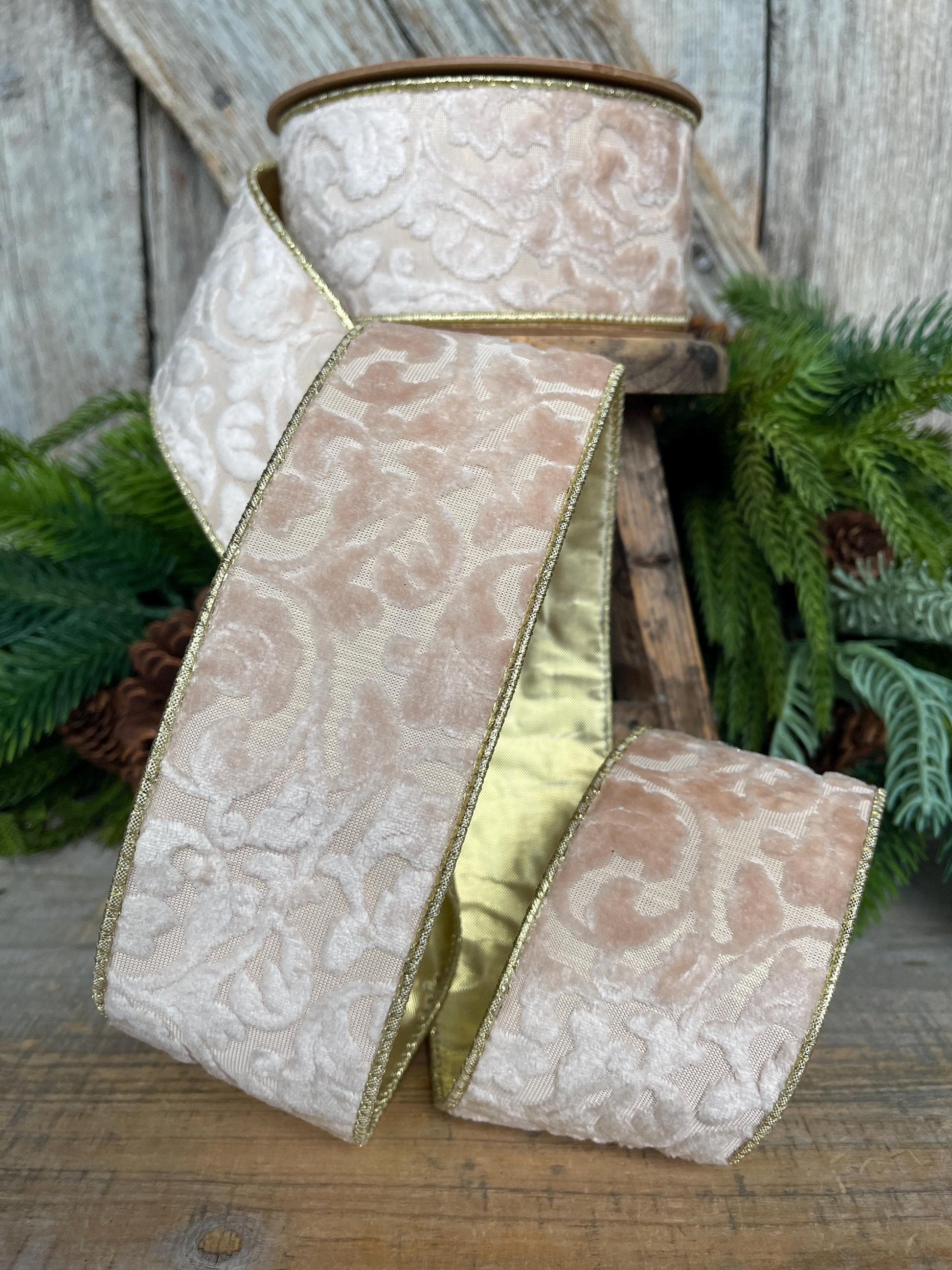 2.5" Ivory Velvet Ribbon, Ivory Ribbon, Embossed Velvet Ribbon, Christmas Ribbon, 2.5 x 10yds