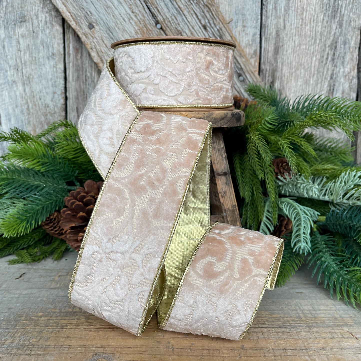 2.5" Ivory Velvet Ribbon, Ivory Ribbon, Embossed Velvet Ribbon, Christmas Ribbon, 2.5 x 10yds