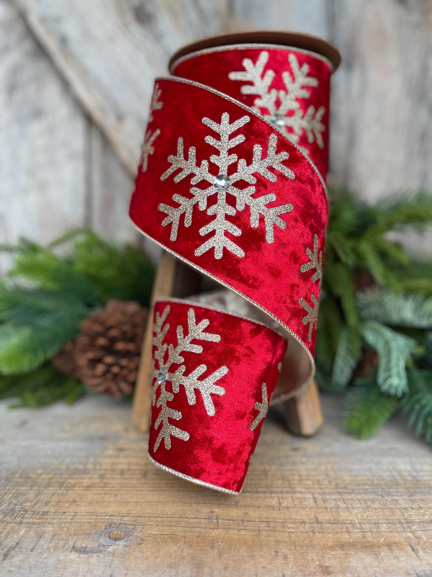 Red Velvet Snowflake Ribbon, Red Gold Ribbon, Christmas Ribbon