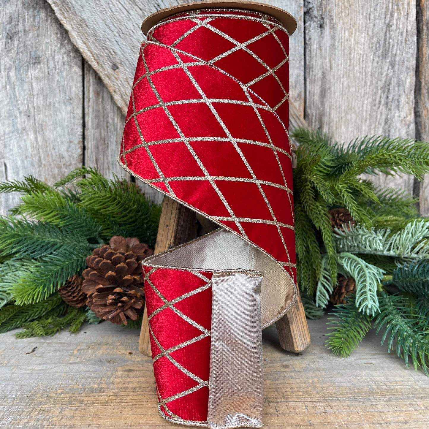 Red Velvet Wired Ribbon, Red Gold Lattice Ribbon Christmas Tree & Holiday Decor, 4" x 10yds