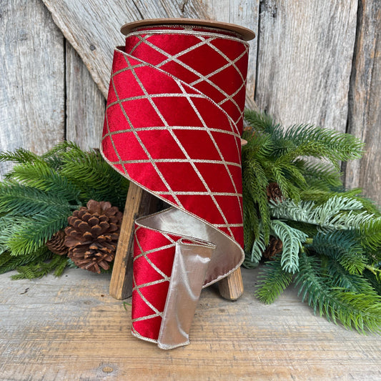 Red Velvet Wired Ribbon, Red Gold Lattice Ribbon Christmas Tree & Holiday Decor, 4" x 10yds