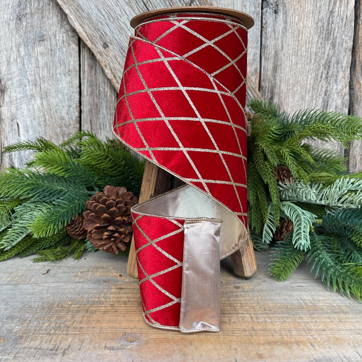 Red Velvet Wired Ribbon, Red Gold Lattice Ribbon Christmas Tree & Holiday Decor, 4" x 10yds
