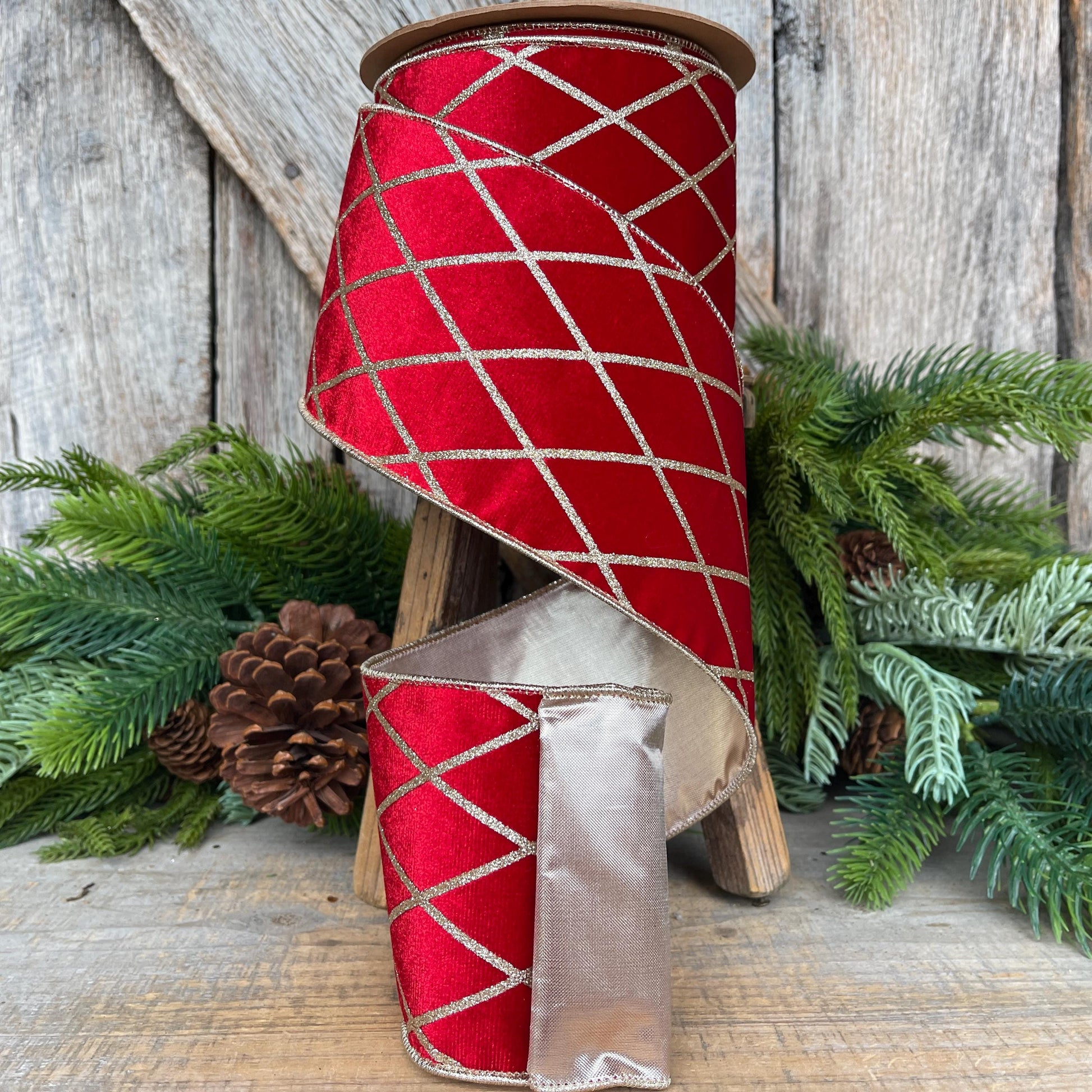 Red Velvet Wired Ribbon, Red Gold Lattice Ribbon Christmas Tree & Holiday Decor, 4" x 10yds
