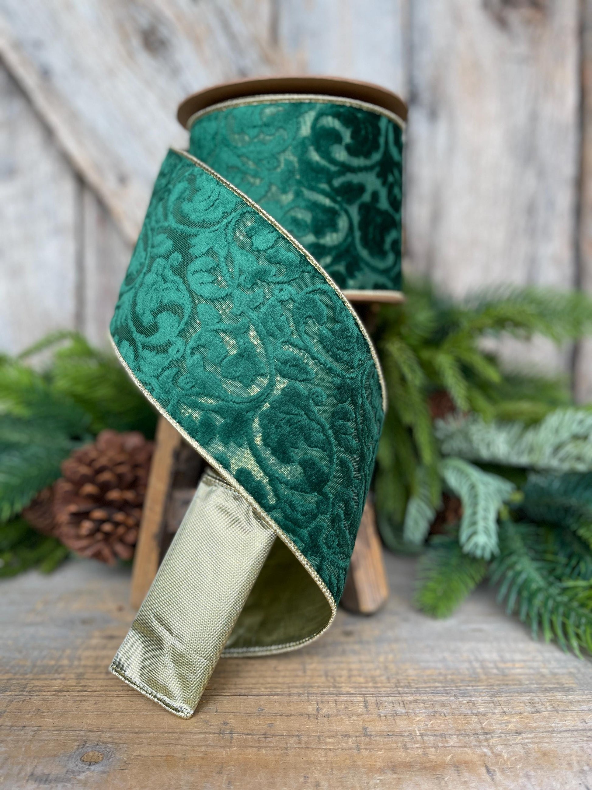 Emerald Green Embossed Velvet Christmas Ribbon: Wired Gold Backing, 4" x 10 Yards
