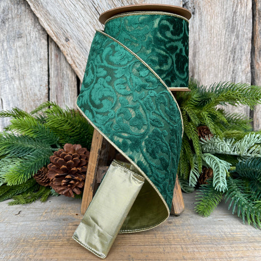 Emerald Green Embossed Velvet Christmas Ribbon: Wired Gold Backing, 4" x 10 Yards