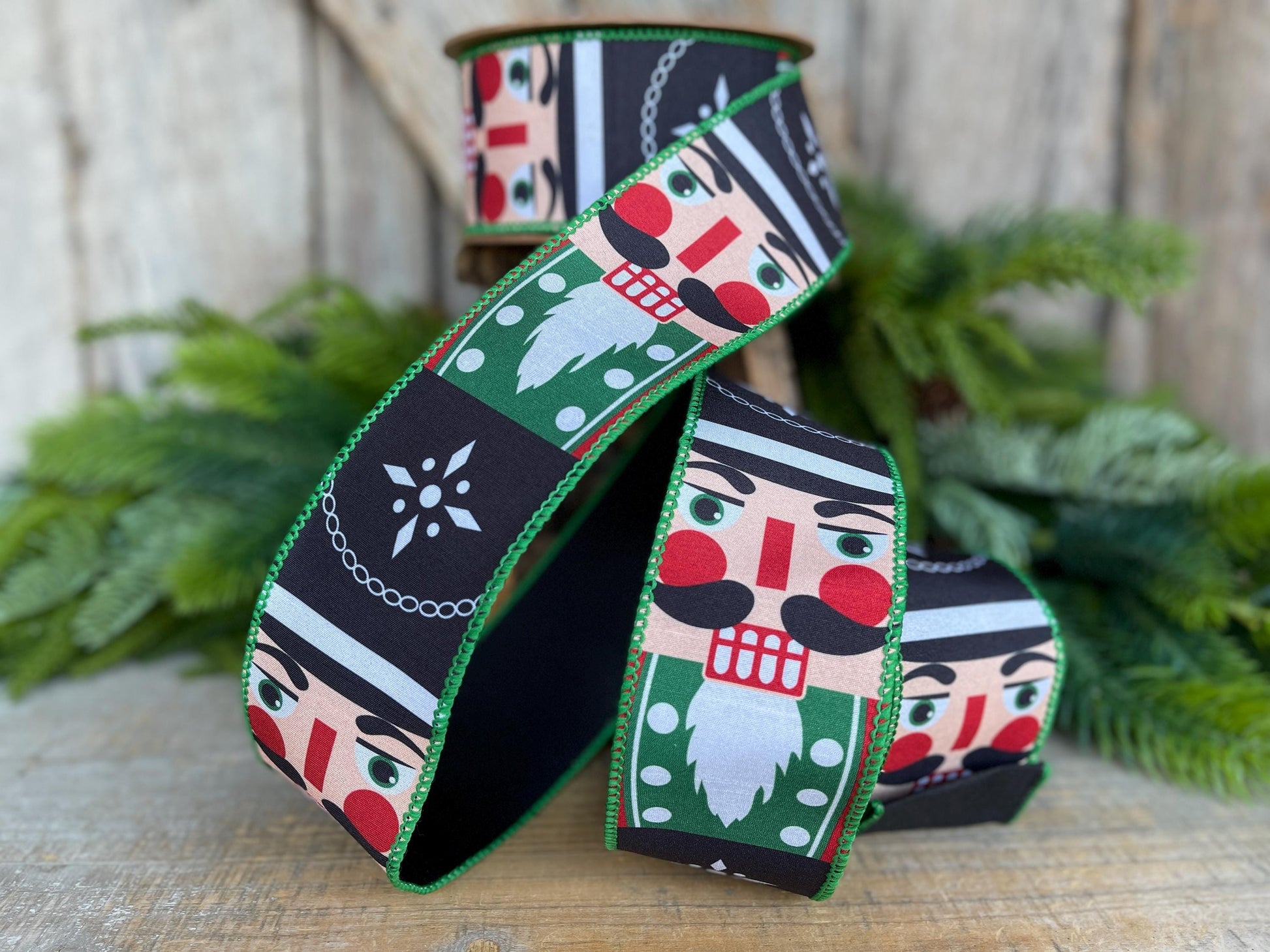 Nutcracker Christmas Ribbon, Green Nutcracker Wired Ribbon