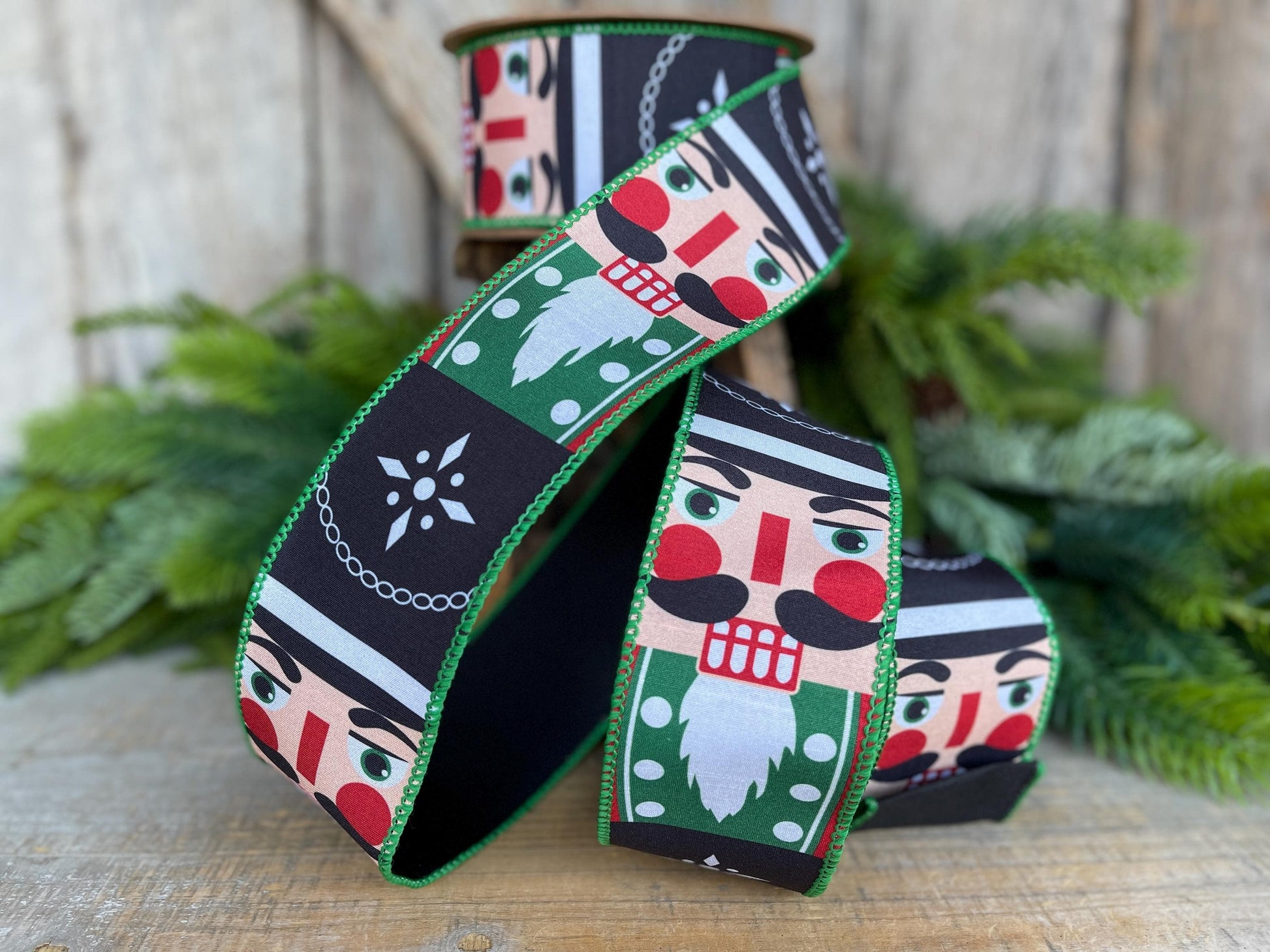Nutcracker Christmas Ribbon, Green Nutcracker Wired Ribbon