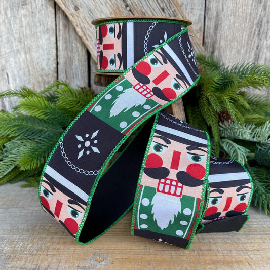 Nutcracker Christmas Ribbon, Green Nutcracker Wired Ribbon