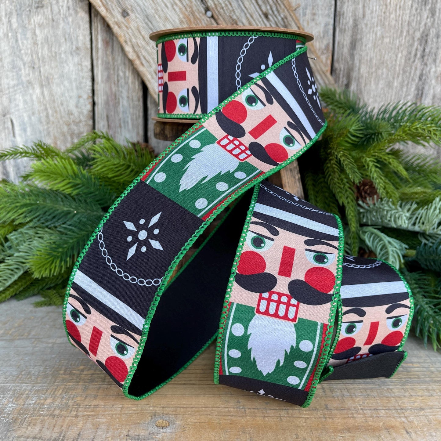 Nutcracker Christmas Ribbon, Green Nutcracker Wired Ribbon
