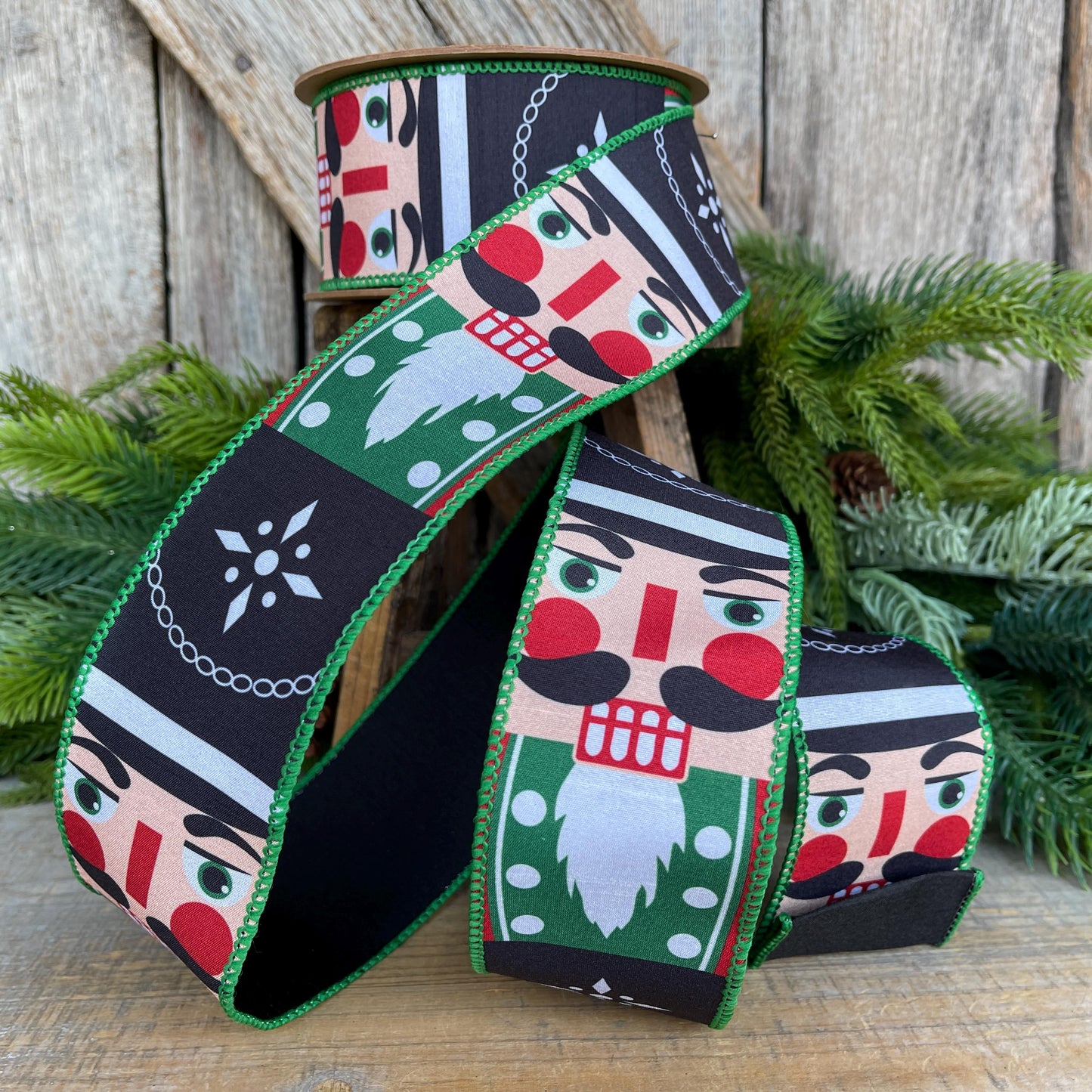 Nutcracker Christmas Ribbon, Green Nutcracker Wired Ribbon