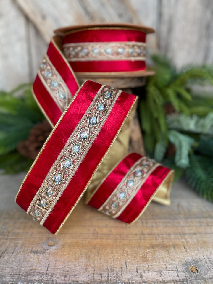 2.5" Red Velvet Jeweled look Ribbon, Red Velvet Ribbon, Christmas Ribbon