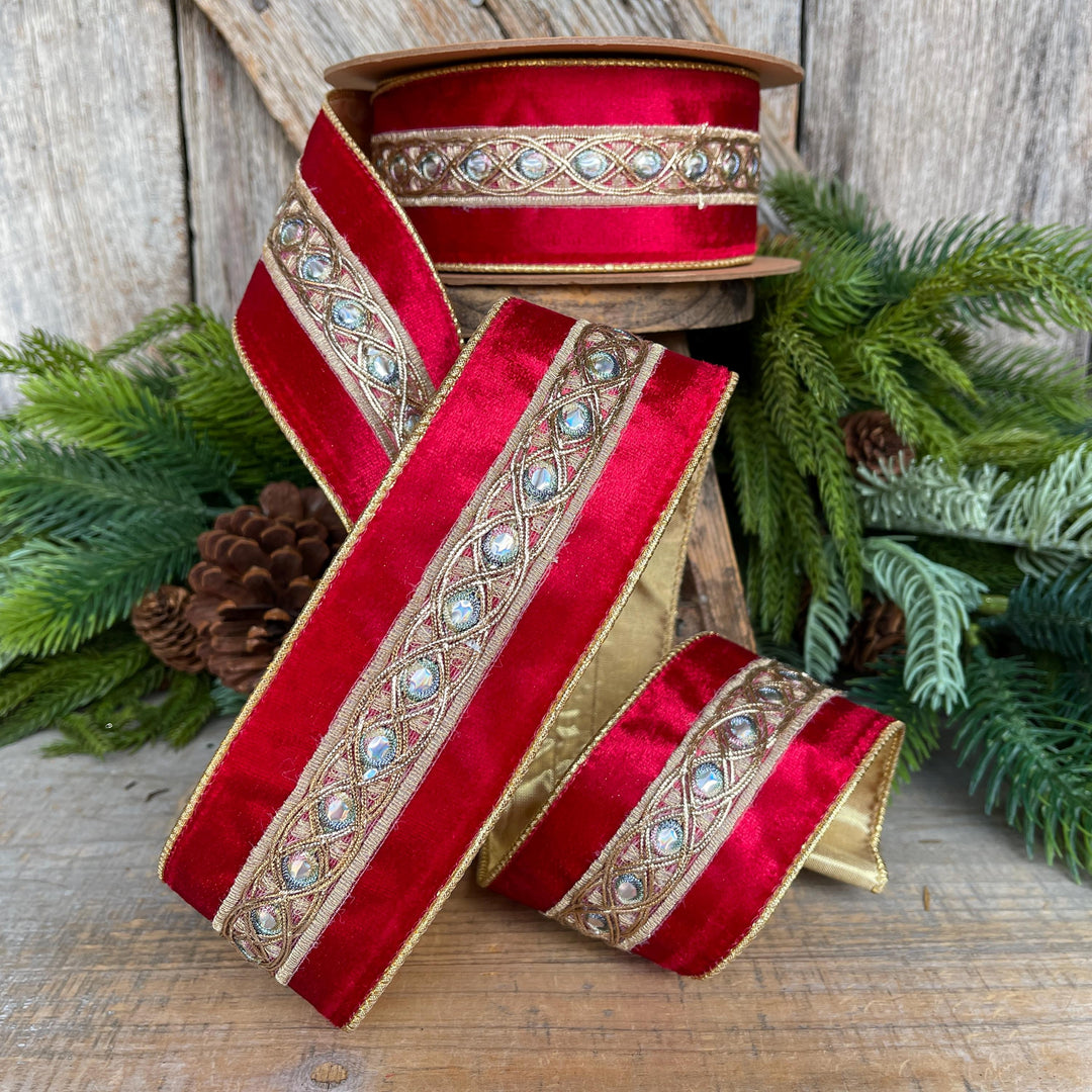 2.5" Red Velvet Jeweled look Ribbon, Red Velvet Ribbon, Christmas Ribbon