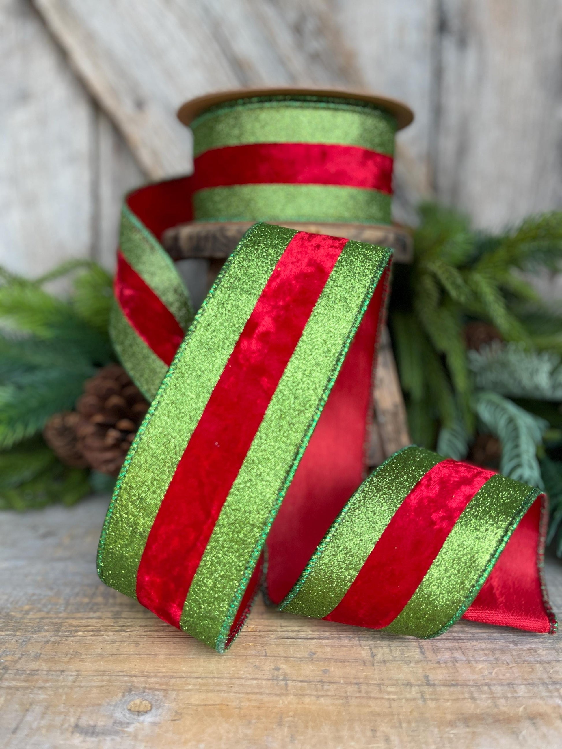 2.5" Red & Lime Green Velvet Ribbon, Whimsical Christmas Ribbon