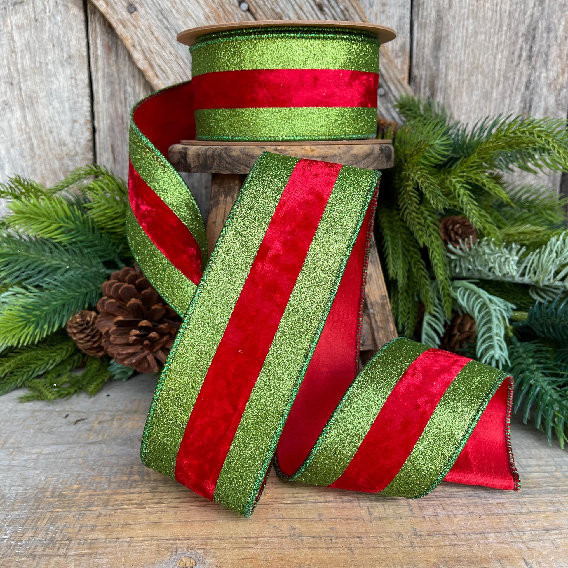 2.5" Red & Lime Green Velvet Ribbon, Whimsical Christmas Ribbon
