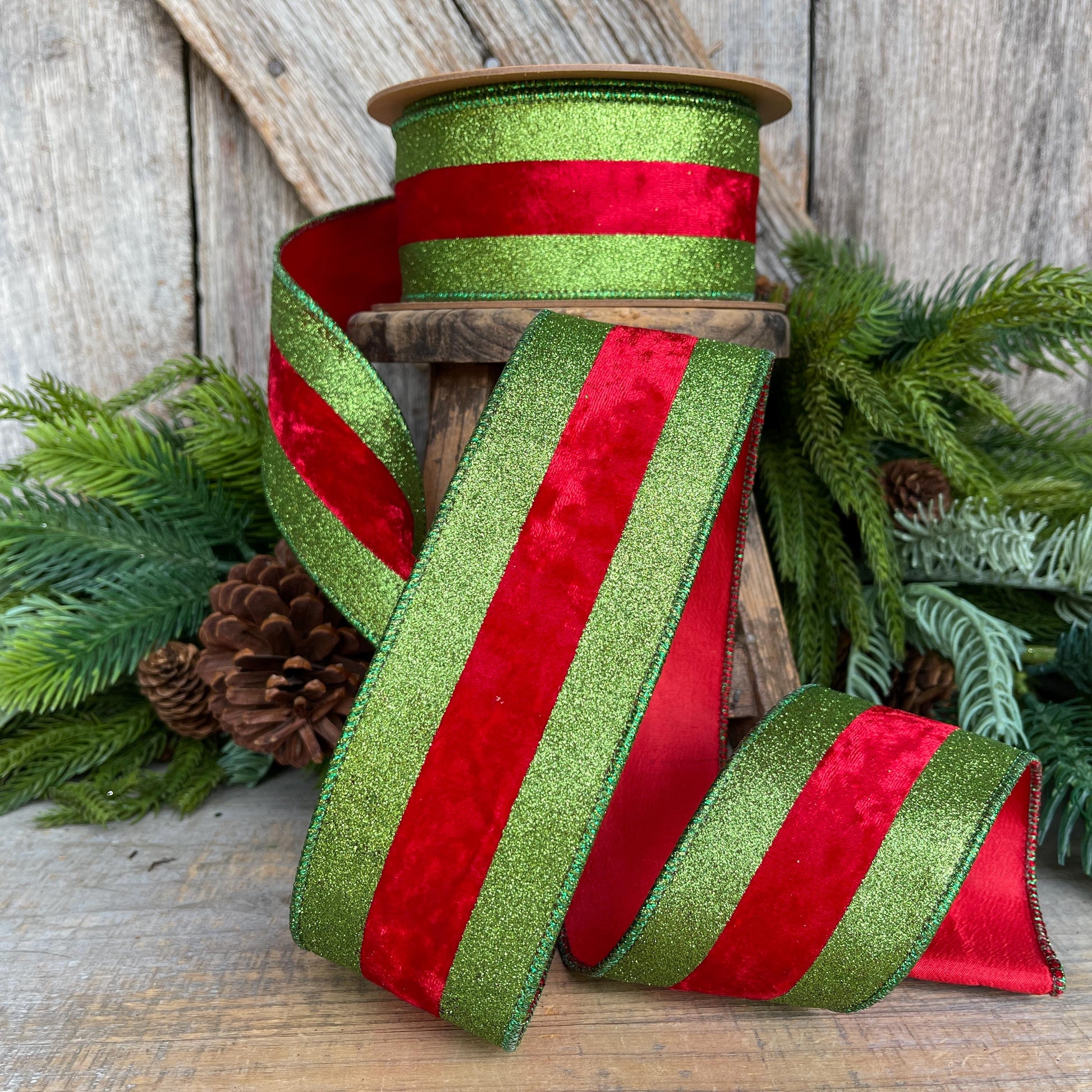 2.5" Red & Lime Green Velvet Ribbon, Whimsical Christmas Ribbon