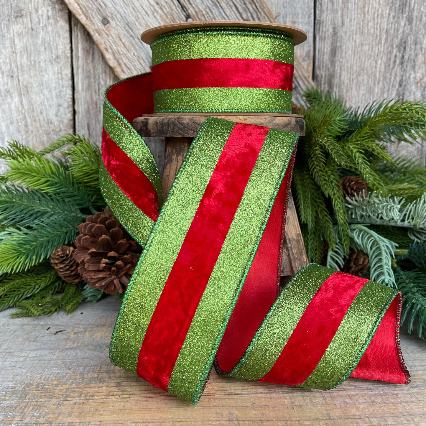 2.5" Red & Lime Green Velvet Ribbon, Whimsical Christmas Ribbon