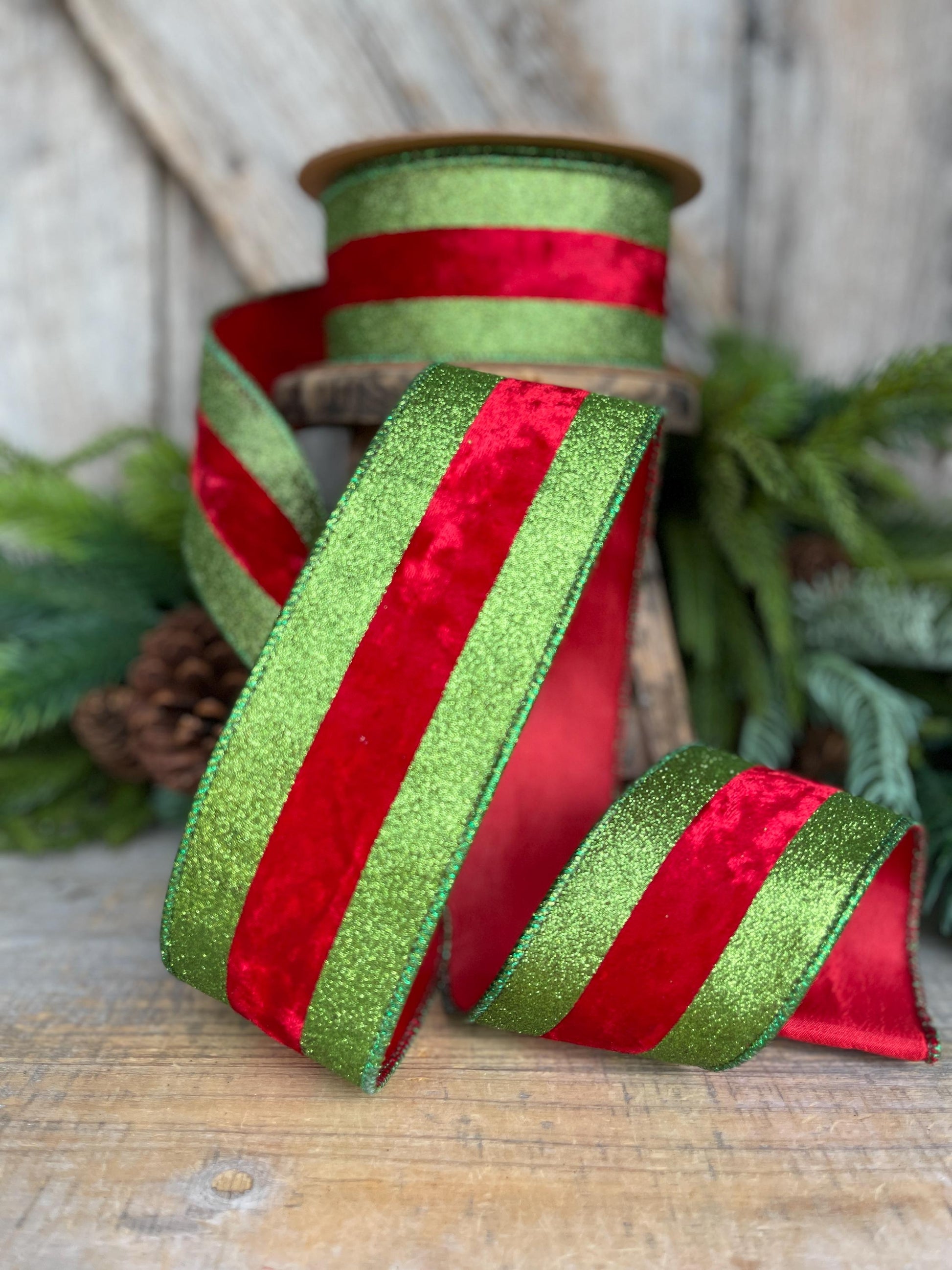 2.5" Red & Lime Green Velvet Ribbon, Whimsical Christmas Ribbon