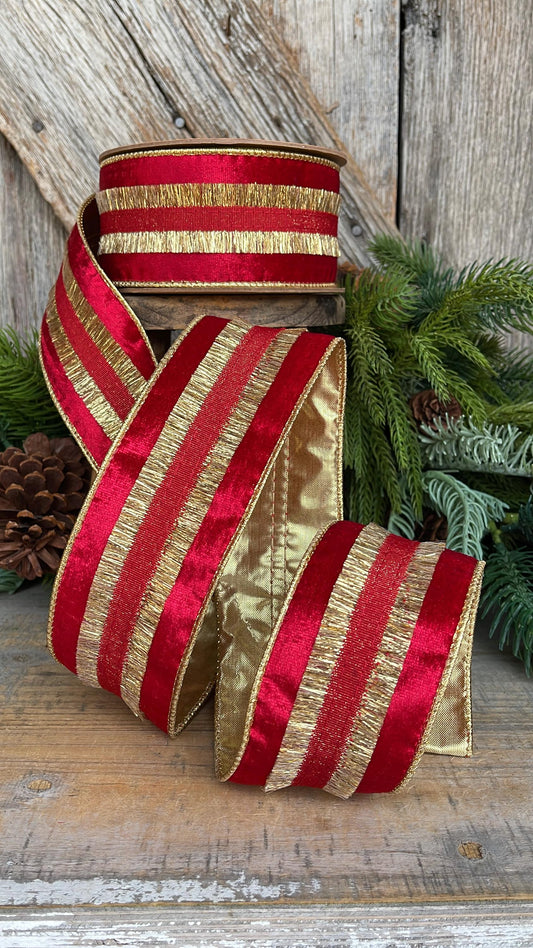 Red & Gold Tassel Wired Christmas Ribbon, Red Velvet Ribbon - 2.5" x 10 Yards