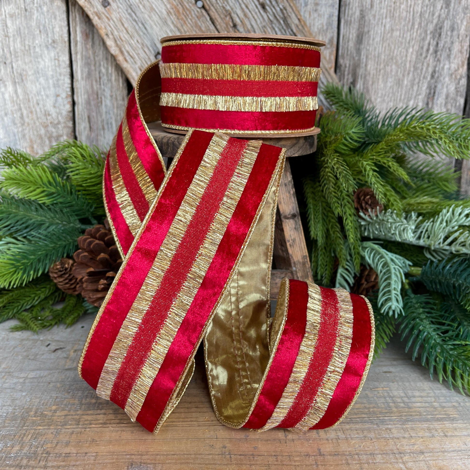 Red & Gold Tassel Wired Christmas Ribbon, Red Velvet Ribbon - 2.5" x 10 Yards
