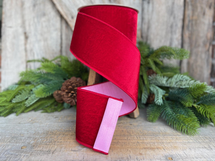 4" Red Pink Velvet Ribbon, Farrisilk Ribbon, Wired Ribbon