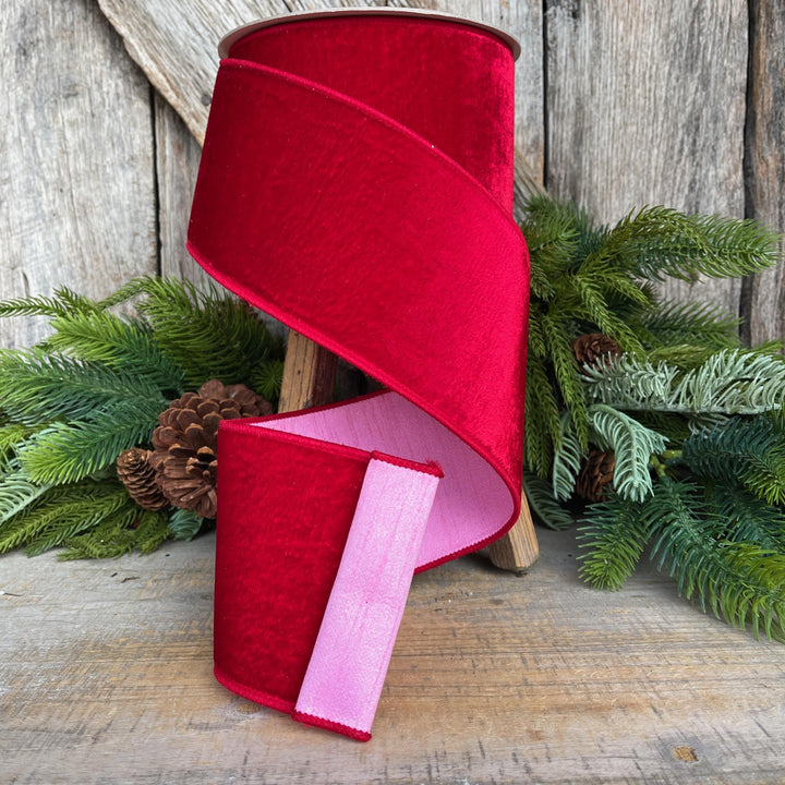 4" Red Pink Velvet Ribbon, Farrisilk Ribbon, Wired Ribbon