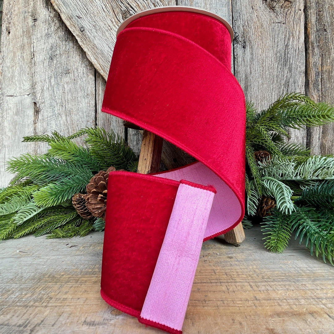 4" Red Pink Velvet Ribbon, Farrisilk Ribbon, Wired Ribbon
