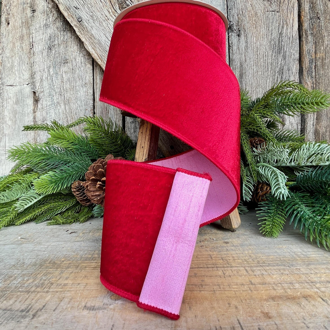 4" Red Pink Velvet Ribbon, Farrisilk Ribbon, Wired Ribbon