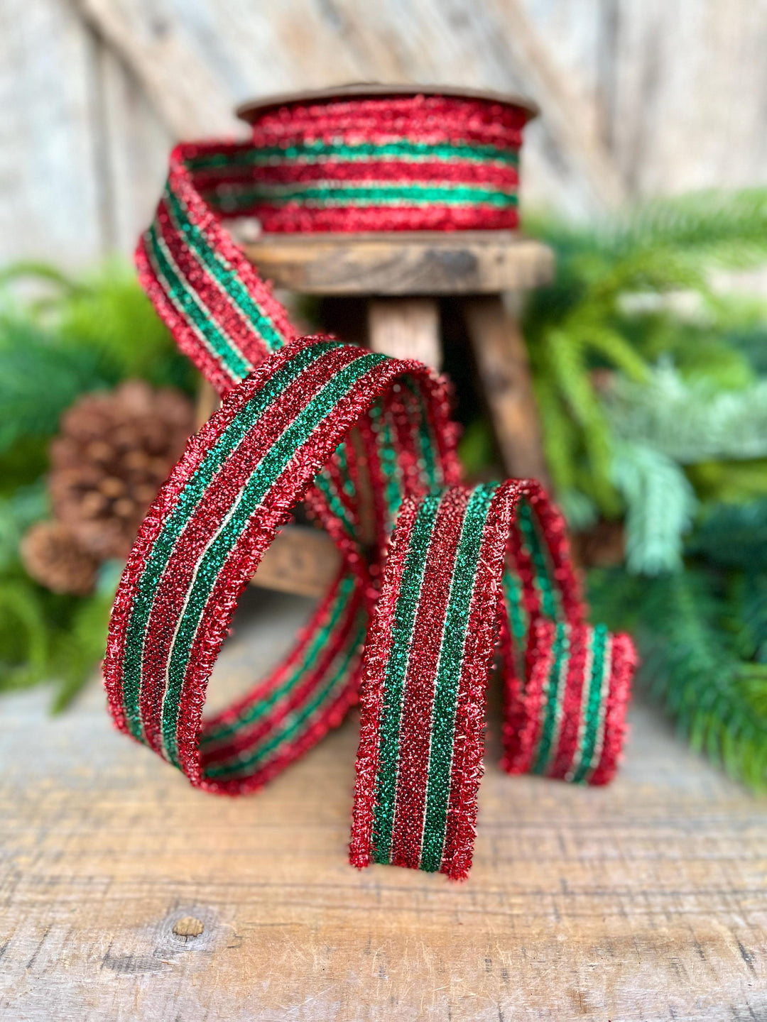 1.5" Red &amp; Green Tinsel Ribbon, Christmas Ribbon, Christmas Tree Ribbon