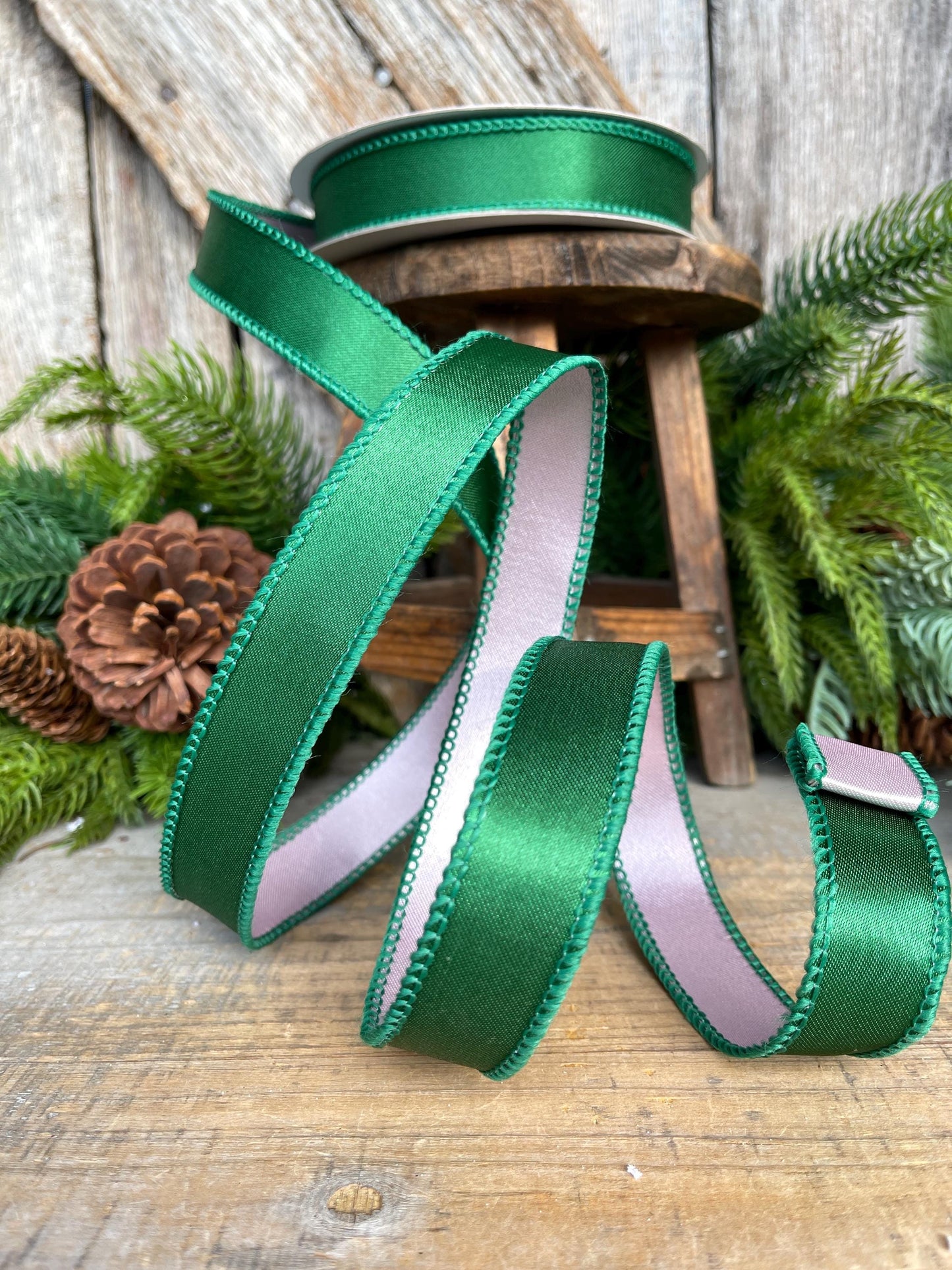 1" Green & Pink Satin Ribbon, Farrisilk Ribbon, Exclusive Ribbon, Christmas RIbbon