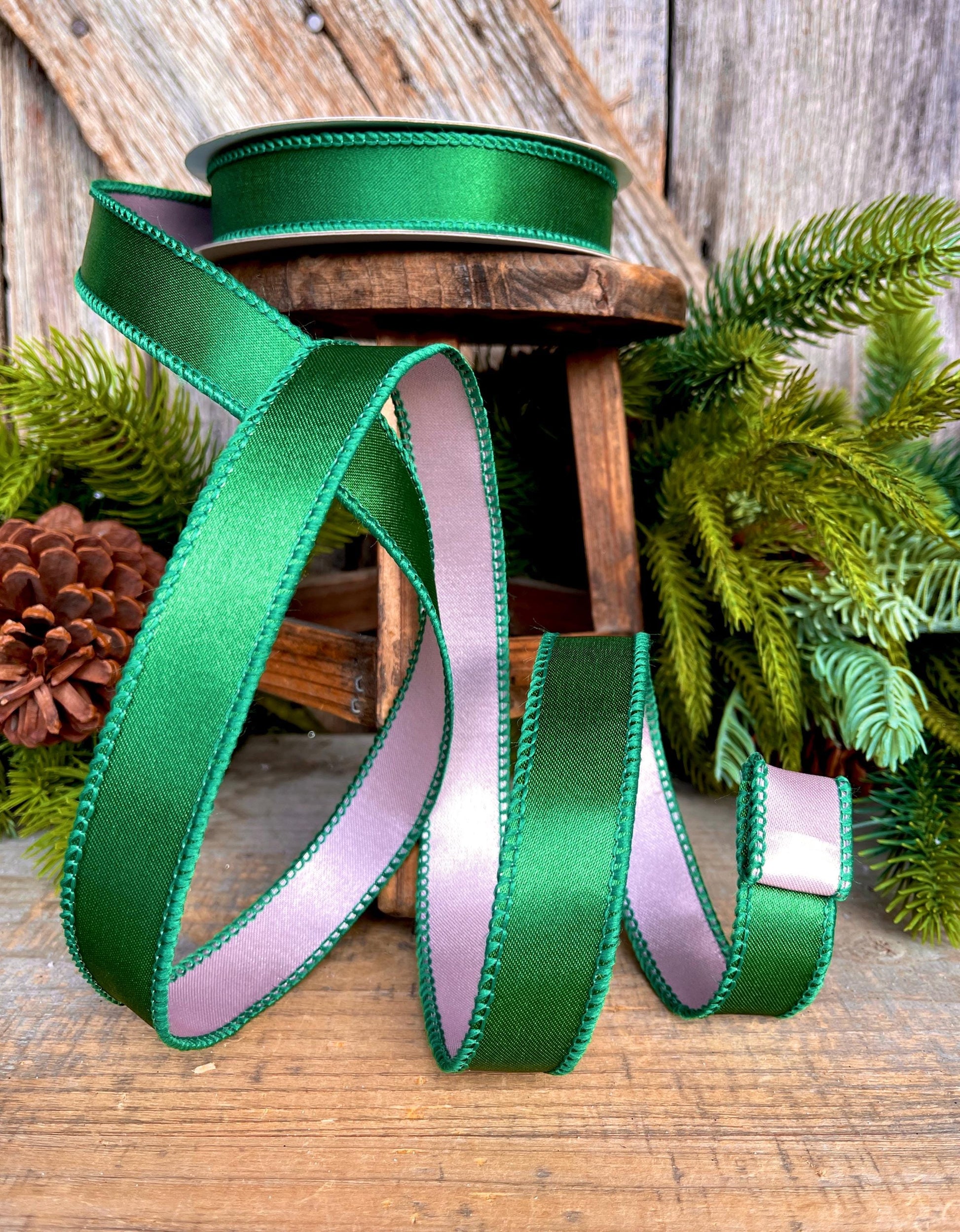 1" Green & Pink Satin Ribbon, Farrisilk Ribbon, Exclusive Ribbon