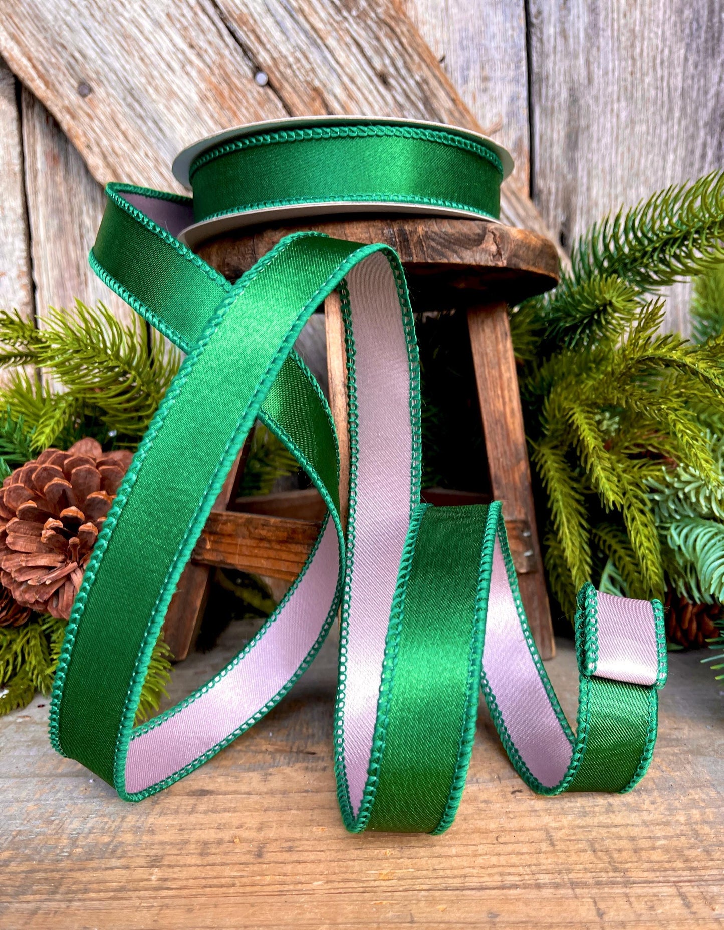 1" Green & Pink Satin Ribbon, Farrisilk Ribbon, Exclusive Ribbon, Christmas RIbbon