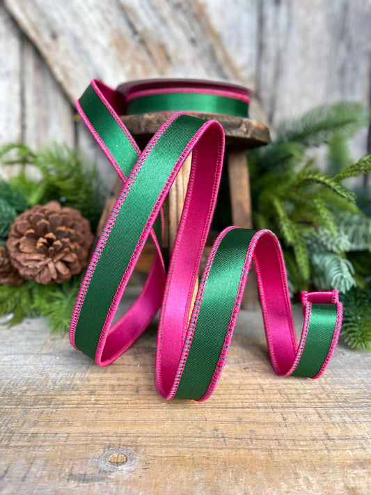 1" Green & Hot Pink Satin Ribbon, Farrisilk Ribbon, Exclusive Ribbon, Christmas RIbbon