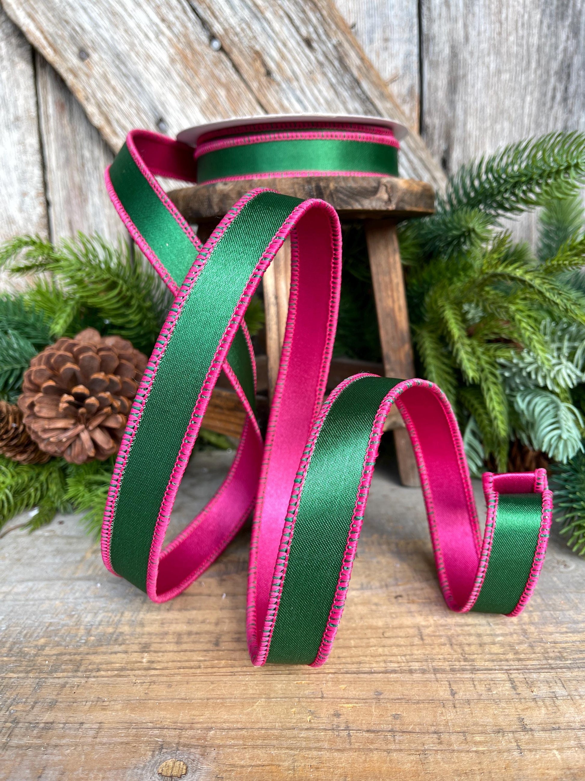 1" Green & Hot Pink Satin Ribbon, Farrisilk Ribbon, Exclusive Ribbon, Christmas RIbbon