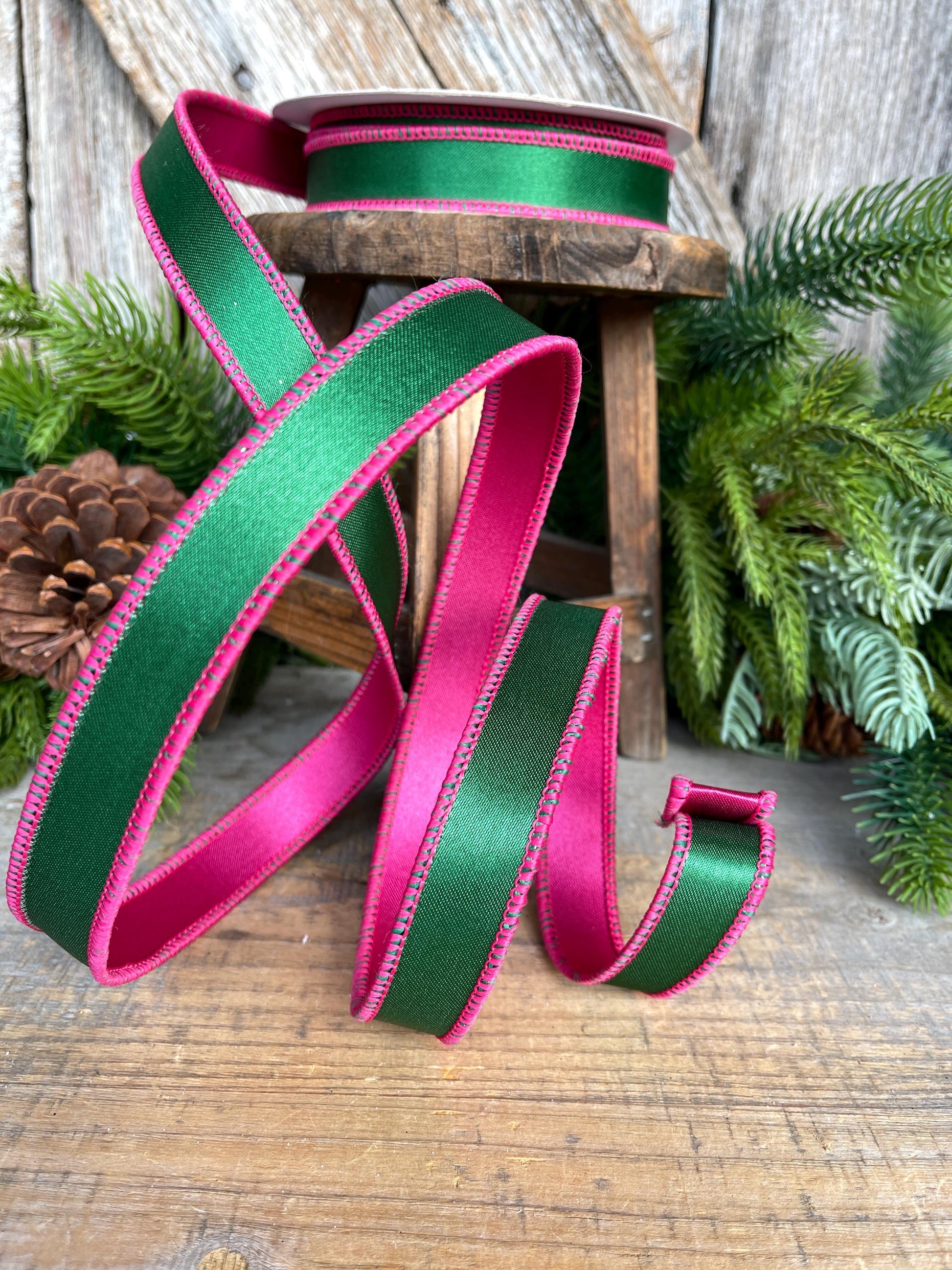 1" Green & Hot Pink Satin Ribbon, Farrisilk Ribbon, Exclusive Ribbon, Christmas RIbbon