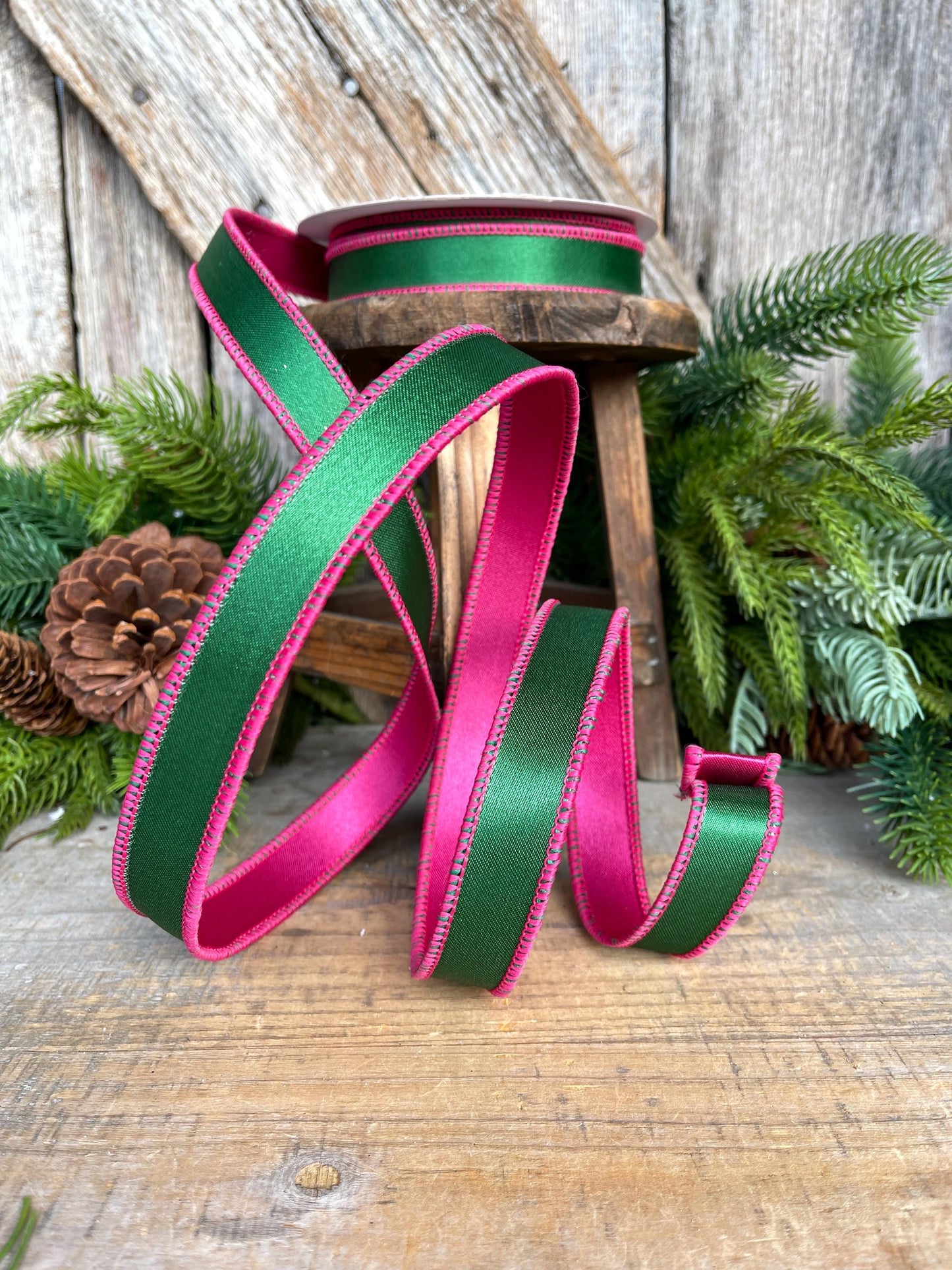1" Green & Hot Pink Satin Ribbon, Farrisilk Ribbon, Exclusive Ribbon, Christmas RIbbon
