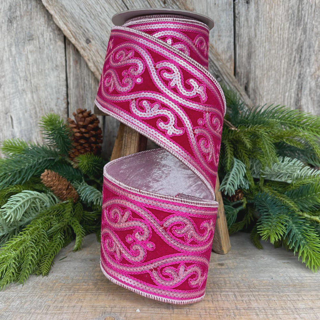 Hot Pink Sequin Ribbon: 4" Wired Christmas Tree Ribbon