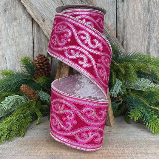 Hot Pink Sequin Ribbon: 4" Wired Christmas Tree Ribbon