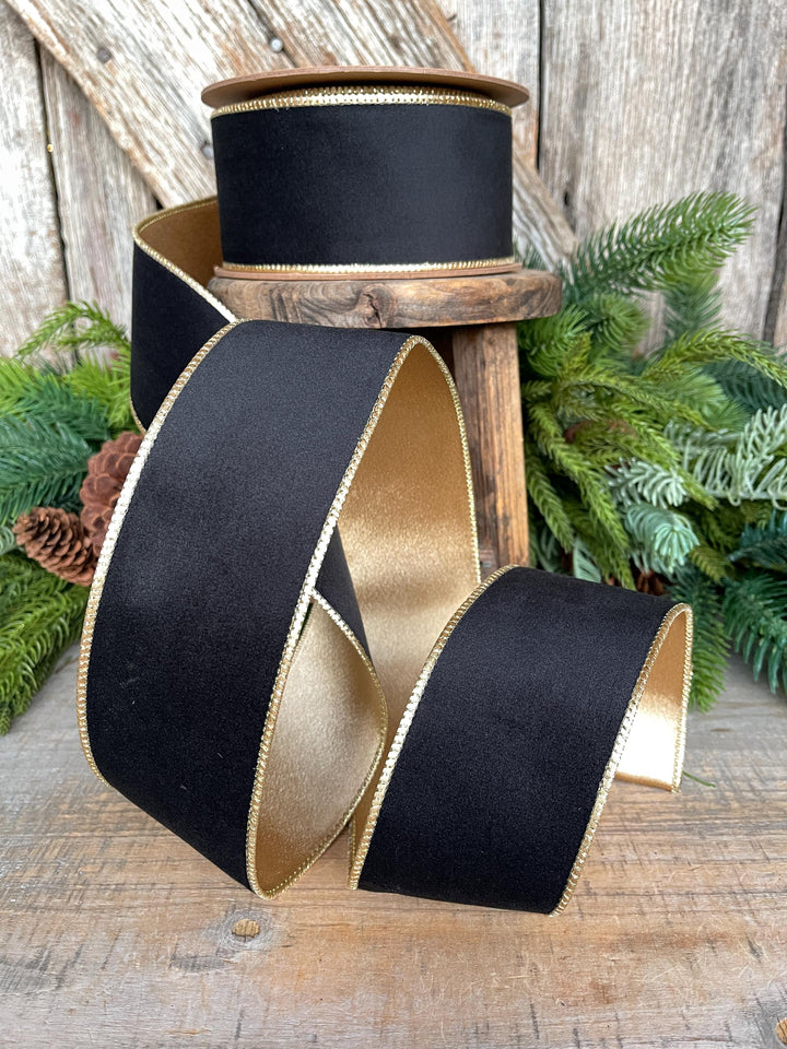 2.5" Black Velvet Ribbon, Wired RIbbon, Black Gold Velvet Ribbon