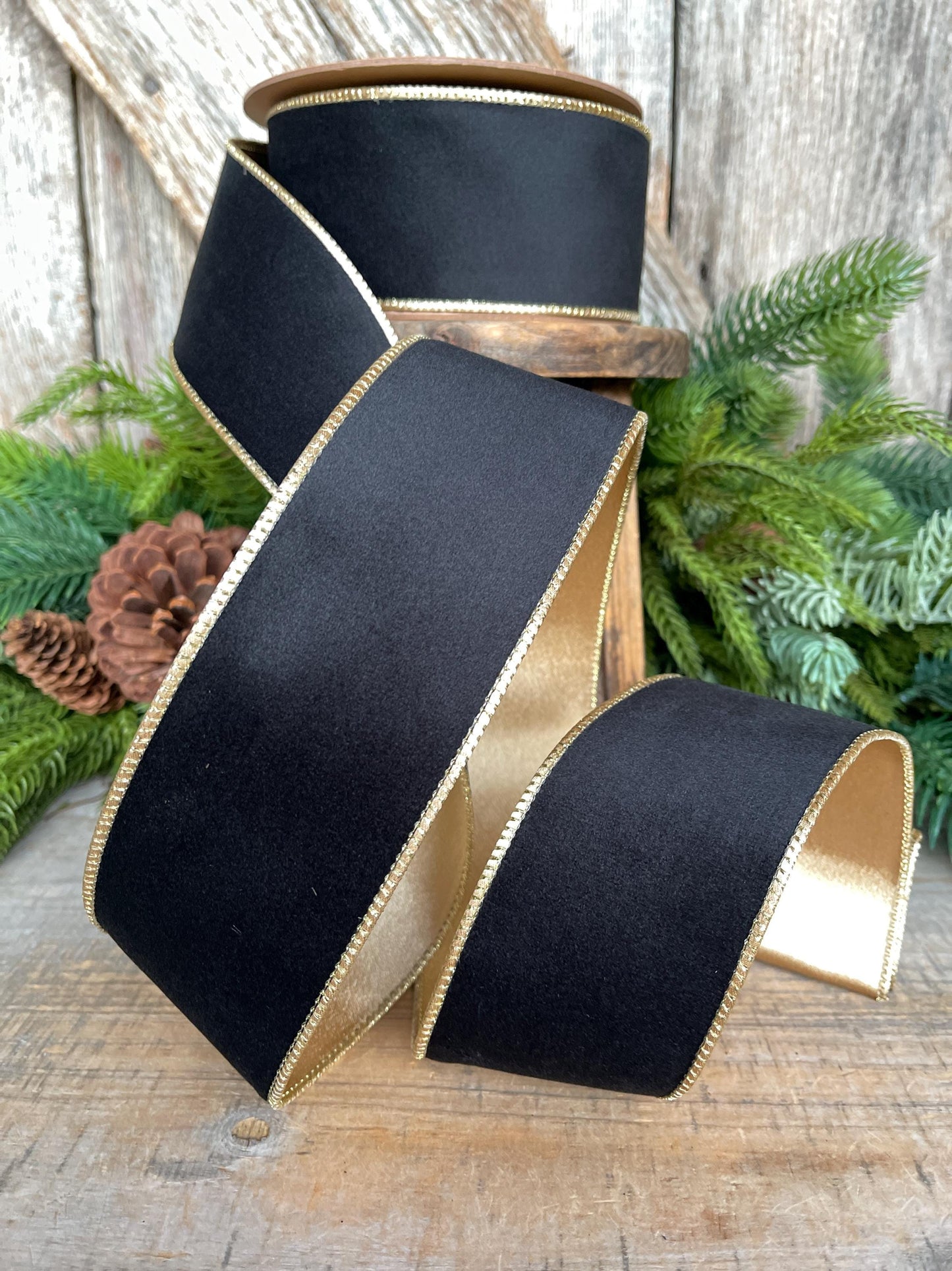 2.5" Black Velvet Ribbon, Wired RIbbon, Black Gold Velvet Ribbon, Christmas RIbbon, Designer Ribbon, Ribbon for Christmas Tree