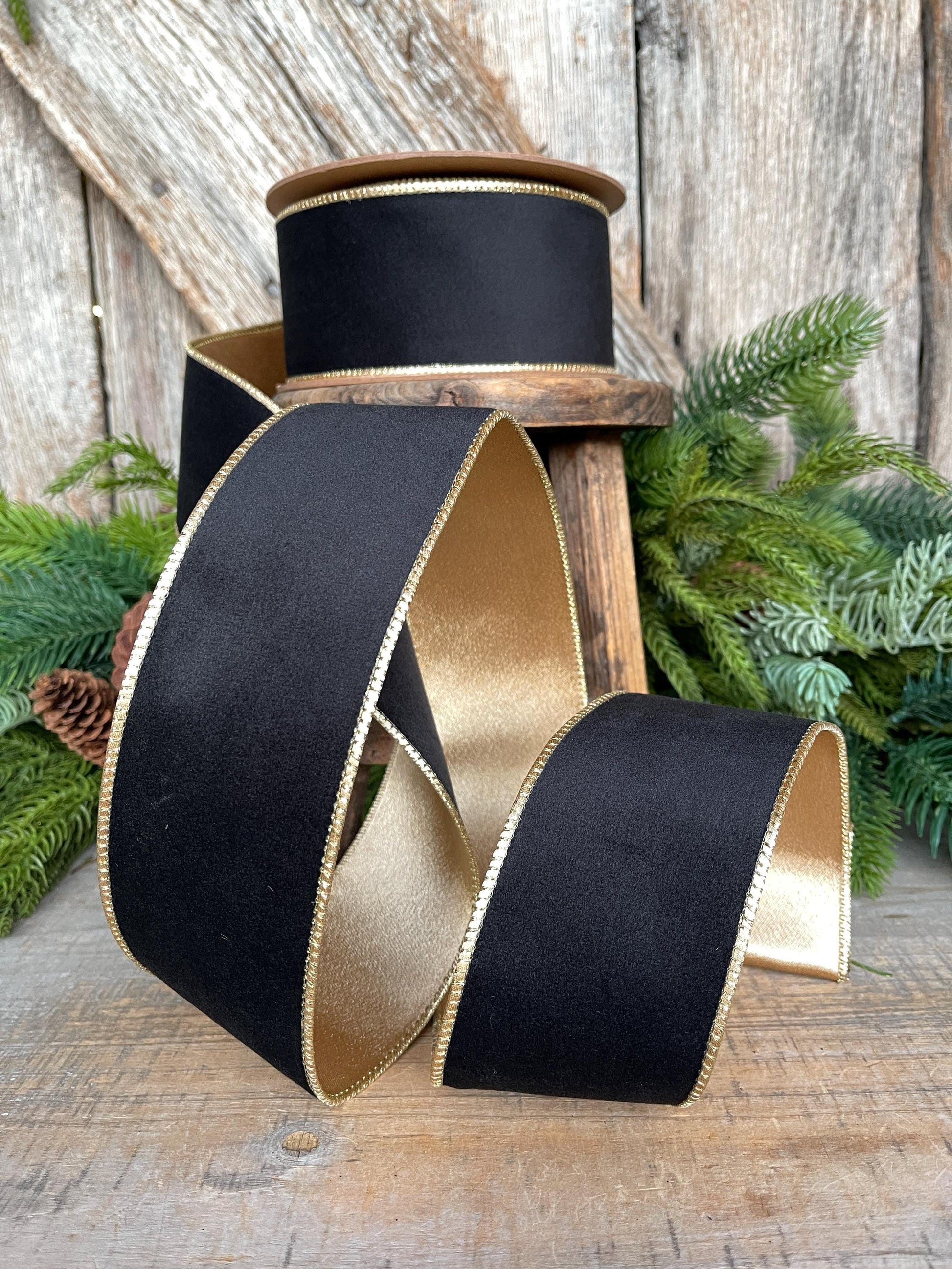 2.5" Black Velvet Ribbon, Wired RIbbon, Black Gold Velvet Ribbon, Christmas RIbbon, Designer Ribbon, Ribbon for Christmas Tree